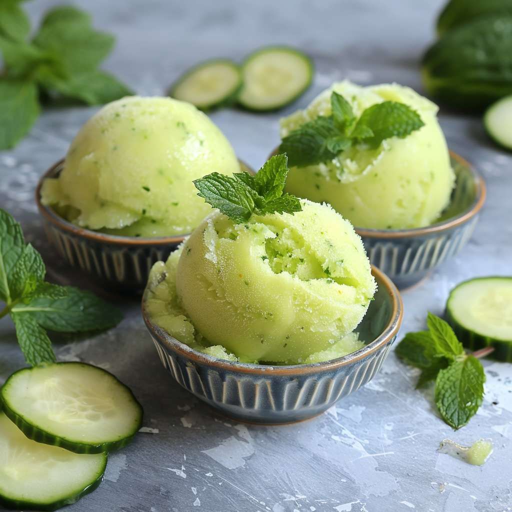 Jordgubbsglass på pinne 10 Tre skålar med gurksorbet dekorerade med mynta och skivor av gurka.
