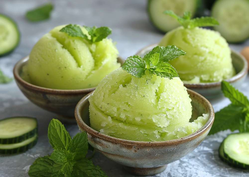 Gelato, ett perfekt grundrecept 5 Tre skålar med gurksorbet toppad med färsk mynta, omgiven av gurkskivor.
