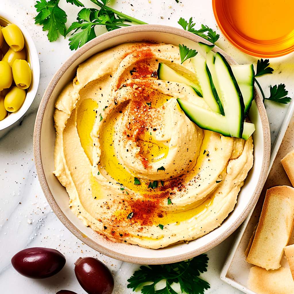 Hemmagjord mangoraja 7 Skål med hummus toppad med olivolja, gurka och paprika, omgiven av oliver och bröd.