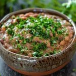 Skål med refried beans toppad med hackade örter, inklusive koriander och gräslök.