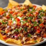En tallrik med nachos toppade med köttfärs, tomater, lök, koriander och gräddfil.