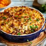 En ugnsbakad köttfärs- och makaronilåda i en blå form med persilja på toppen.