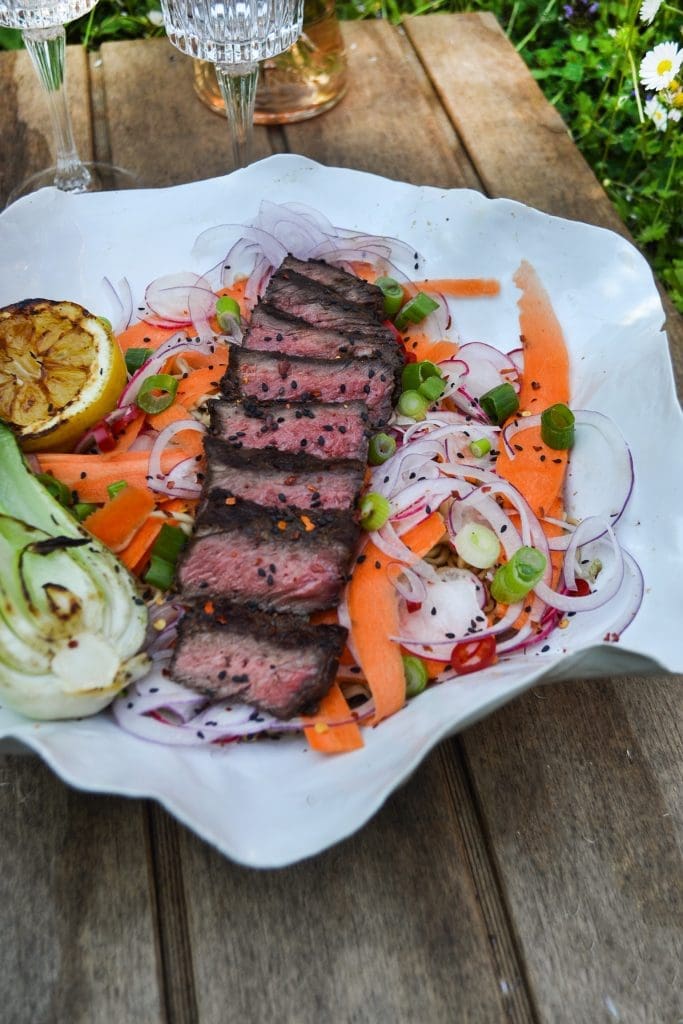 Asiatisk färssås på kyckling 10 Grillad biff skivad och serverad med grönsaker och sallad på en vit tallrik.