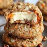 Tre morotskaka cookies staplade på varandra med en bit av en cookie som visar cheesecake-fyllning.