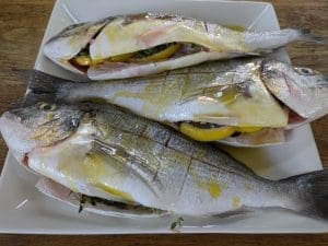 Tre grillade havsabborrar med citronskivor och örter på en tallrik.