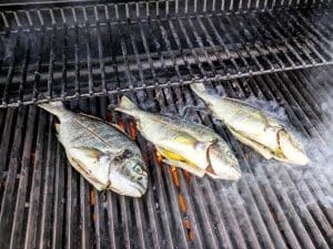 Tre grillade havsabborrar som ligger på en grill med rök som stiger upp.