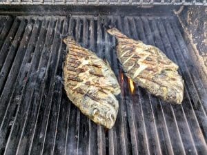 Två grillade havsabborrar som ligger på en grill med rök som stiger upp.