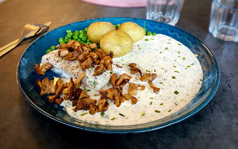 Ugnsbakad torskrygg med Sandefjordsås & smörstekta kantareller. Ugnsbakad torskrygg med Sandefjordsås & smörstekta kantareller.