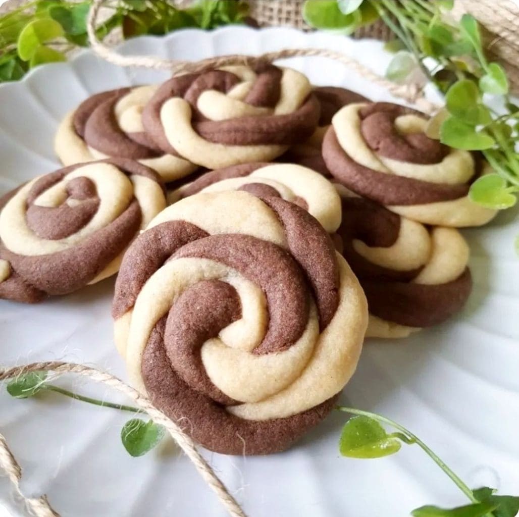 Frökakor på 4 ingredienser 6 Kakor med en spiralformad design i choklad och vanilj på en vit tallrik.