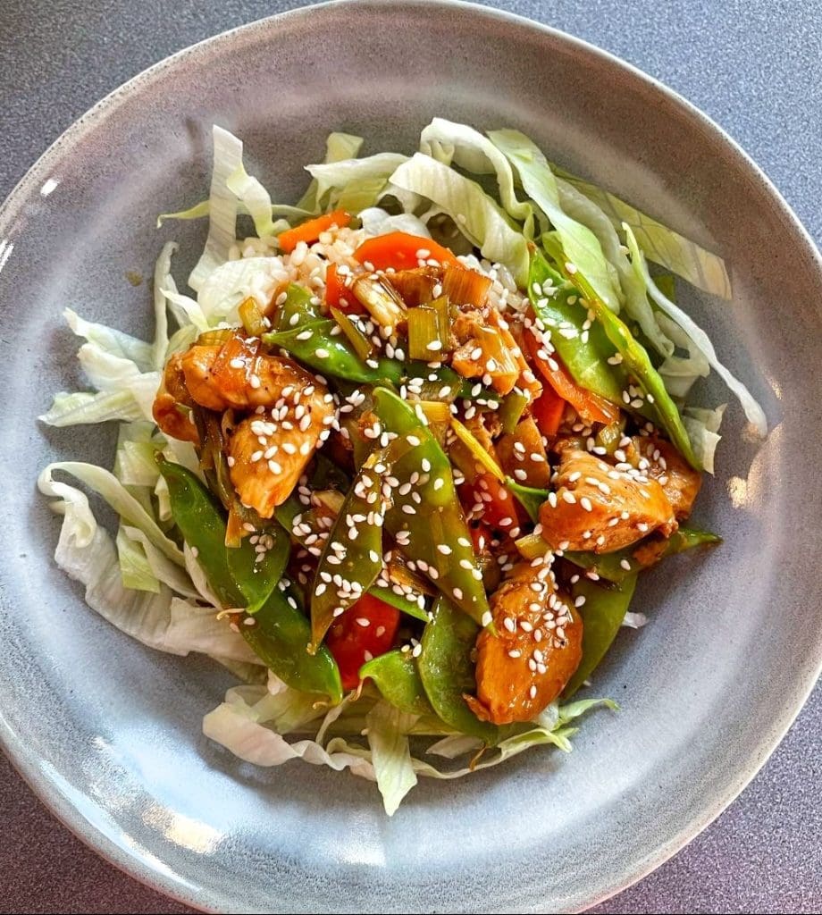 Gratinerad kyckling i ädelostsås 9 En skål med strimlad kyckling i teriyakisås, grönsaker och sesamfrön på en bädd av sallad.