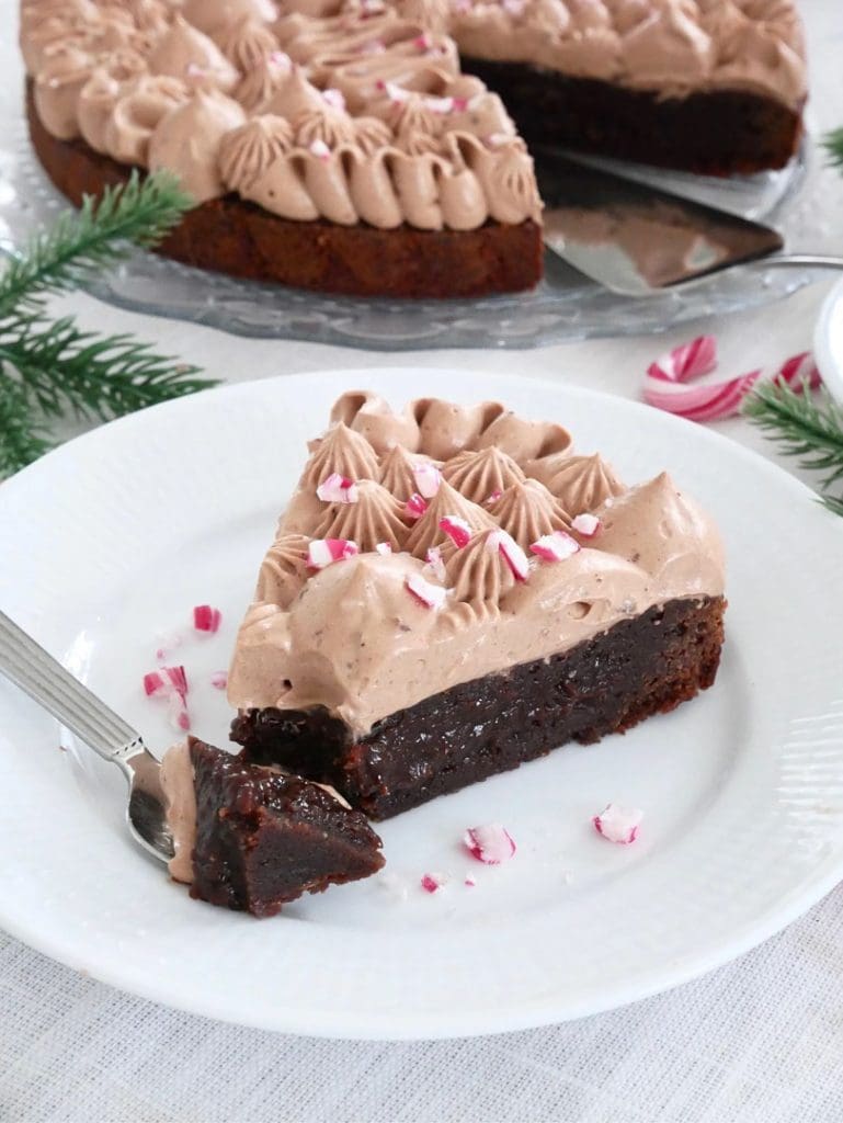 Världens godaste kladdkaksmuffins 10 En bit kladdkaka med mintchokladfrosting och dekoration av krossad mint på en vit tallrik.