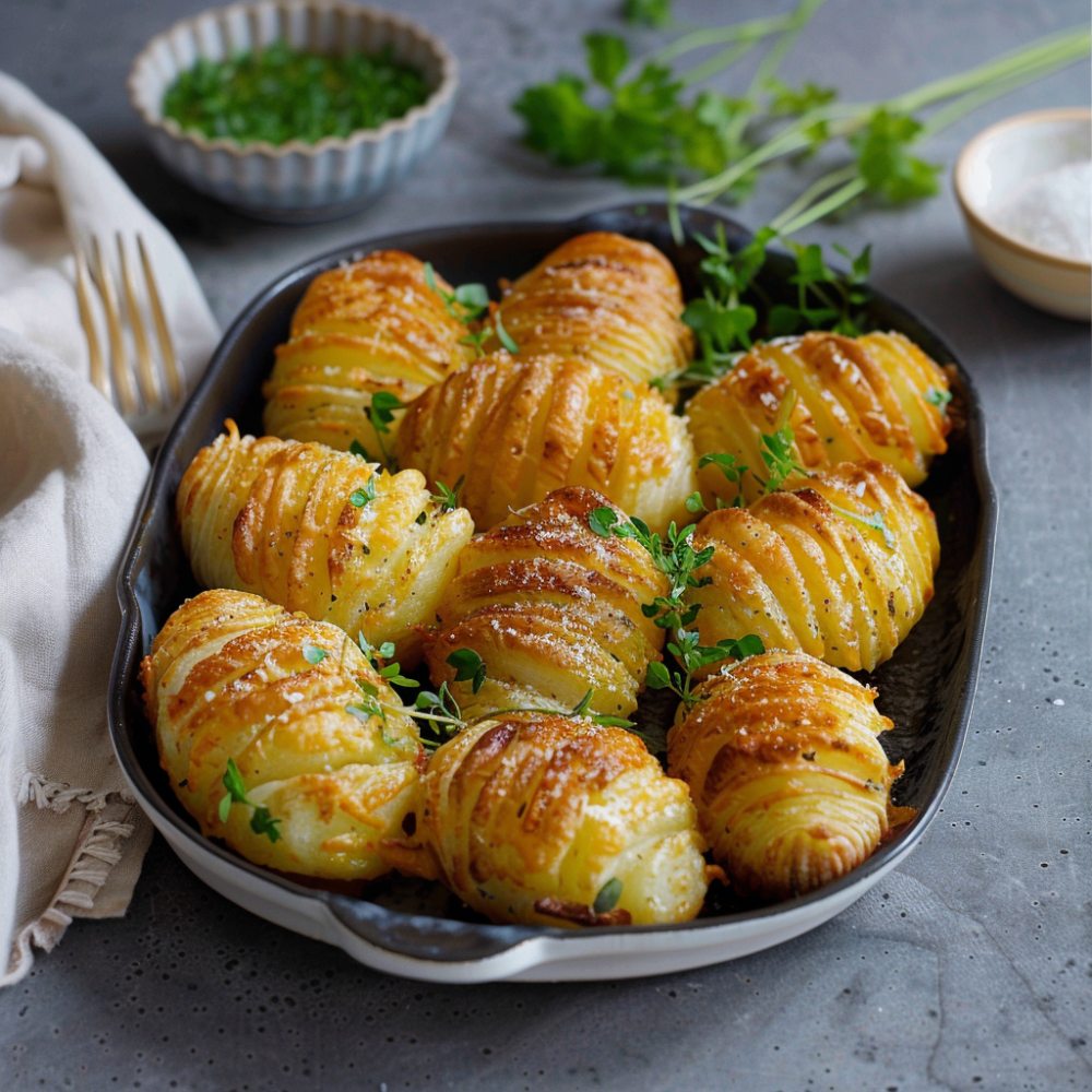 Krämig potatissallad 7 En ugnsrostad hasselbackspotatis med gyllenbrun yta och örter på en plåt.