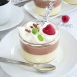 Pannacotta i ett glas med lager av vanilj och choklad, toppad med grädde och hallon.