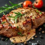 Grillad biff med pepparsås, dekorerad med rosmarin och pepparkorn, på en svart tallrik.