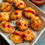Kycklingnuggets på en plåt med ketchup och persilja som garnering.