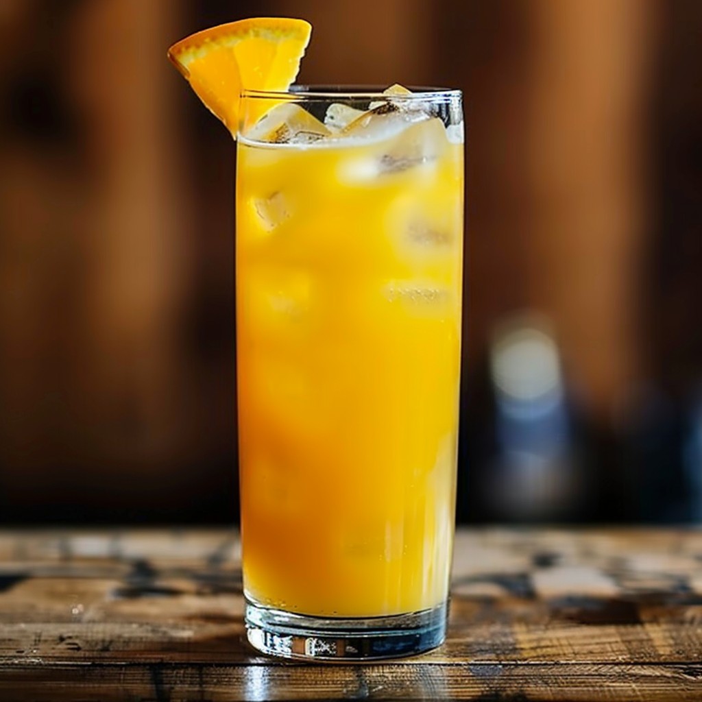 Amaretto sour 8 Högt glas med apelsinjuice och isbitar, dekorerat med en apelsinskiva.
