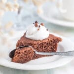 En bit chokladkaka med grädde och chokladprickar på en tallrik med en sked.
