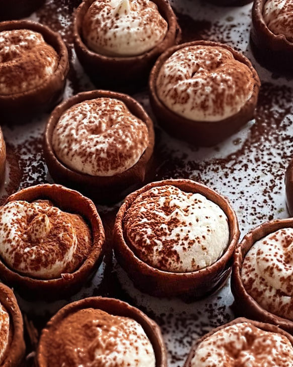 Tiramisubollar 11 Tiramisu-krustader fyllda med grädde och pudrade med kakao på toppen.