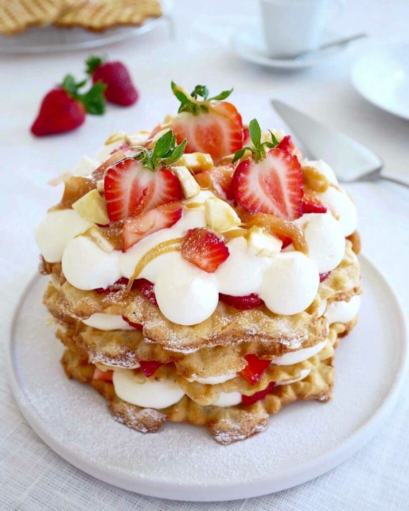 Glutenfria bananvåfflor 10 Våffeltårta med lager av grädde, jordgubbar och banan på en tallrik.