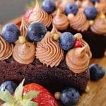 Chokladfinancier dekorerad med chokladgrädde, blåbär och jordgubbe.
